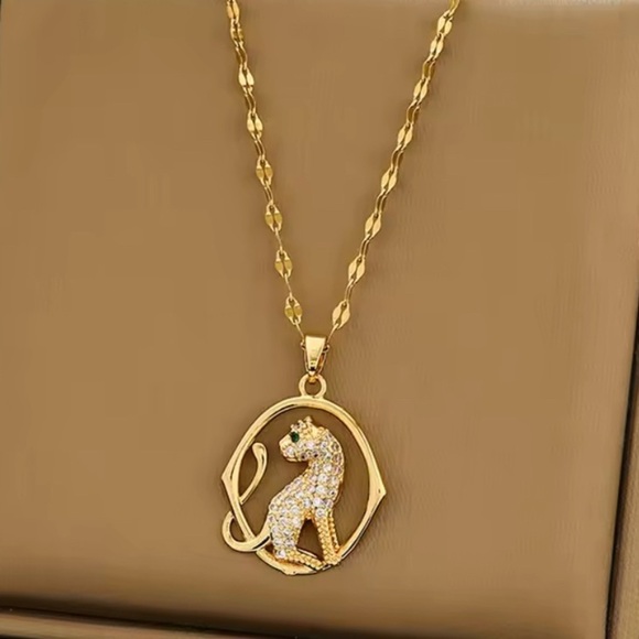 Moon Goddess Emporium Jewelry - 18K Gold Panther Diamond & Emerald Inlay Leopard Pendant Necklace No Fade